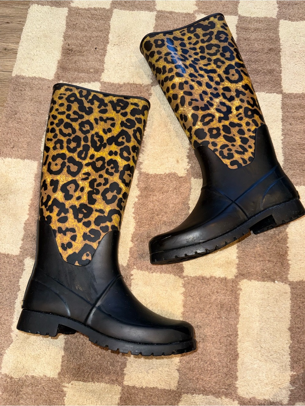 Ralph Lauren Leopard Print Knee-High Rain Boots - Black and brown